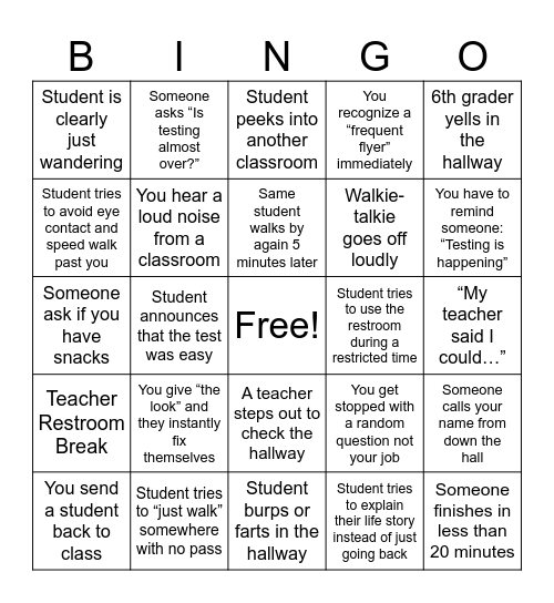Hallway Proctor Bingo Card