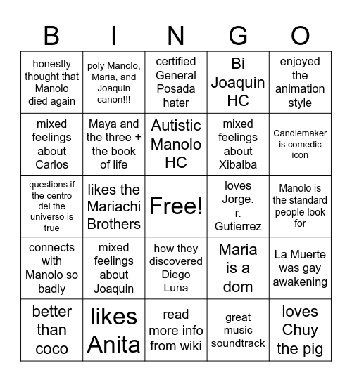 THE BOOK OF LIFE BINGO Card