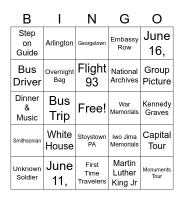 Washington DC Bingo Card