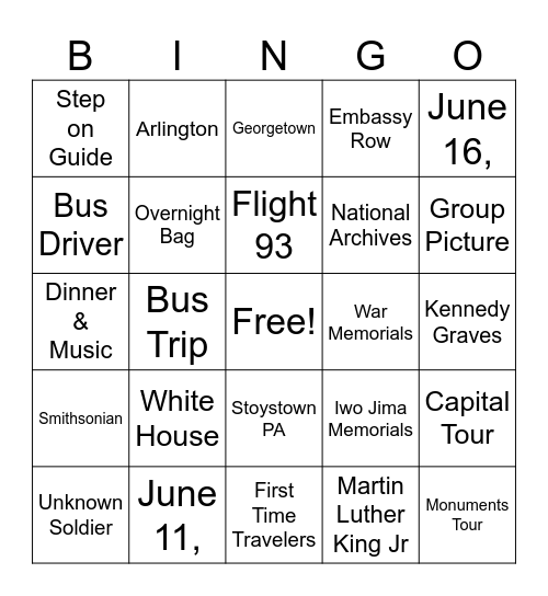 Washington DC Bingo Card
