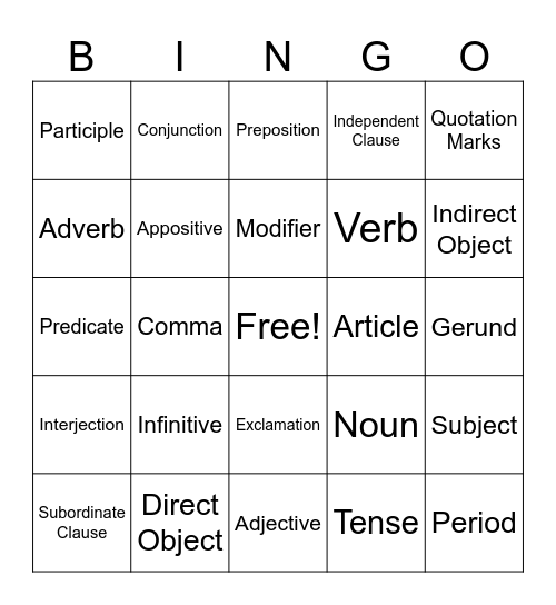 Grammar & Punctuation Bingo Card