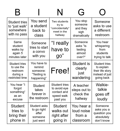 Restroom Monitor Bingo Card