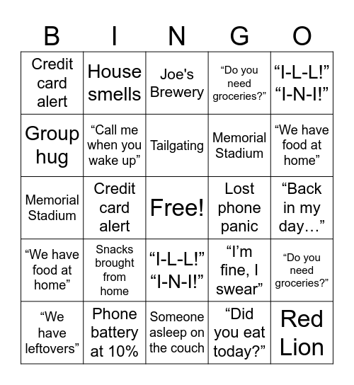 Mom's Weekend 2026 Bingo Card