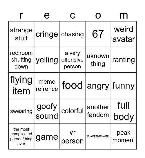 rec room bingo Card