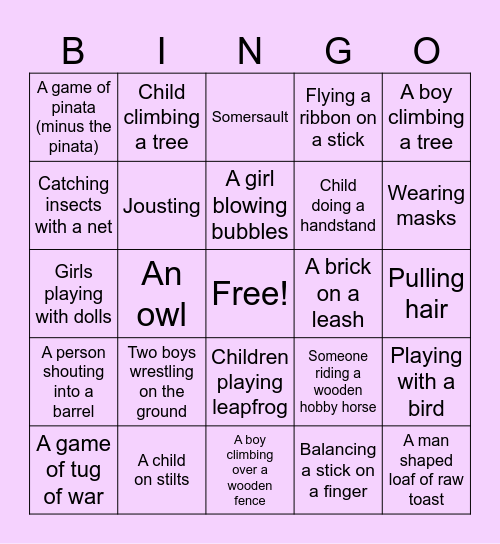 Children's Game Bingo Card