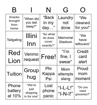 Mom's Weekend Bingo Card