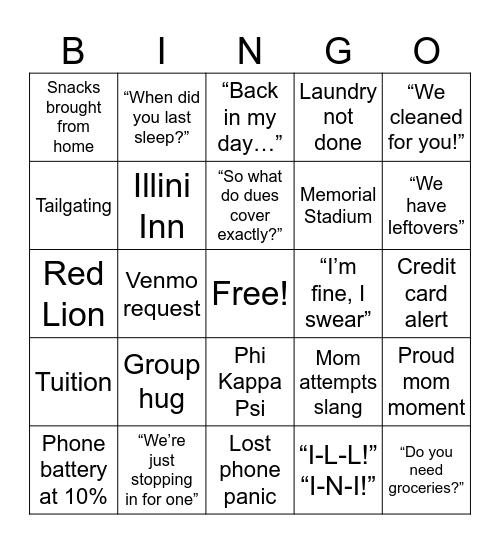 Mom's Weekend Bingo Card