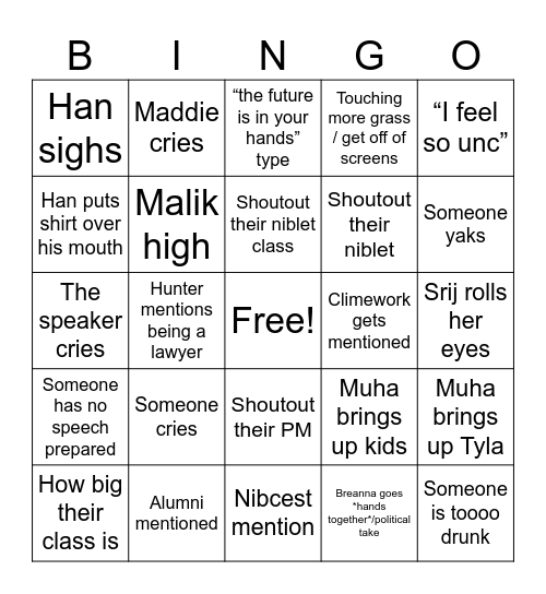 Class of 2027 Bingo Card