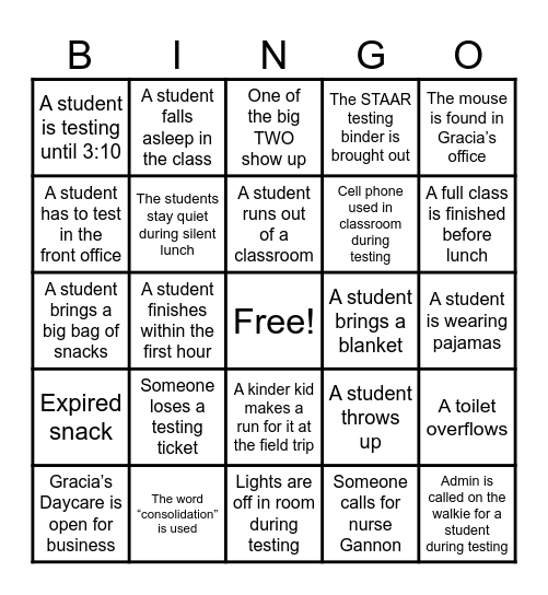 STAAR TESTING Bingo Card