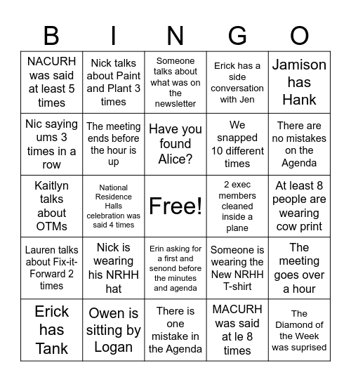 NRHH Bingo Card
