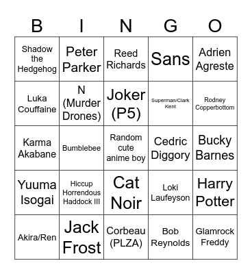 Fictional Crushes Bingo Card