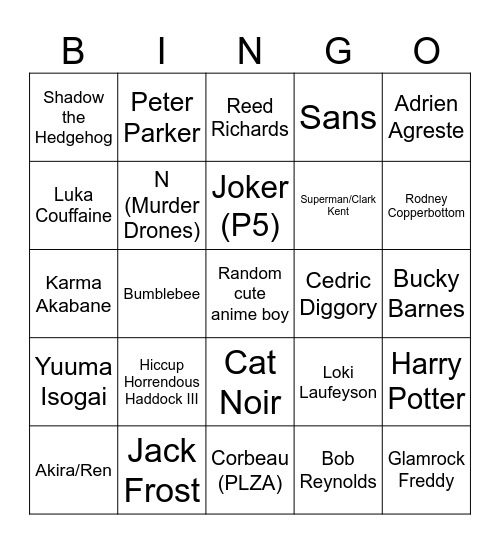 Fictional Crushes Bingo Card