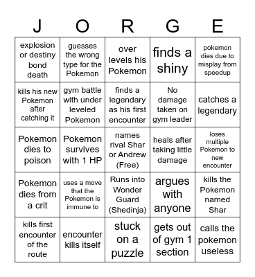 Jorge's Nuzlocke Bingo Card