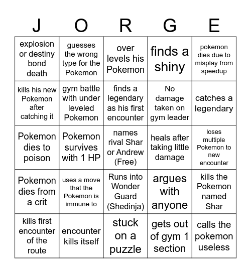 Jorge's Nuzlocke Bingo Card
