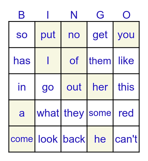 Sight Words Game 1 Bingo Card