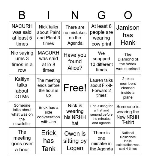 NRHH Bingo Card