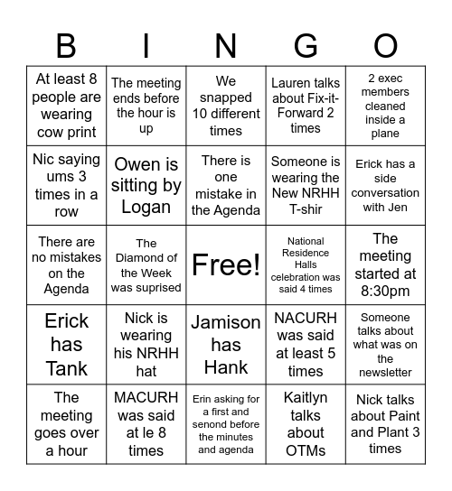 NRHH Bingo Card