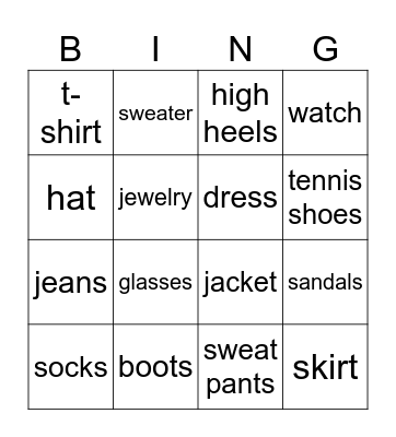 Are you wearing ... ? Bingo Card