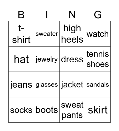 Are you wearing ... ? Bingo Card