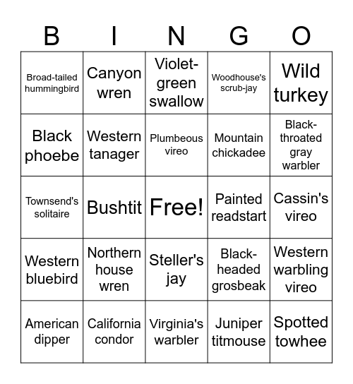 Bird Bingo - Zion Bingo Card