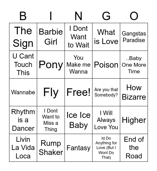 90's Bingo # 1 Bingo Card
