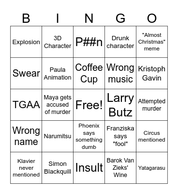 Ace Attorney Bingo! Bingo Card