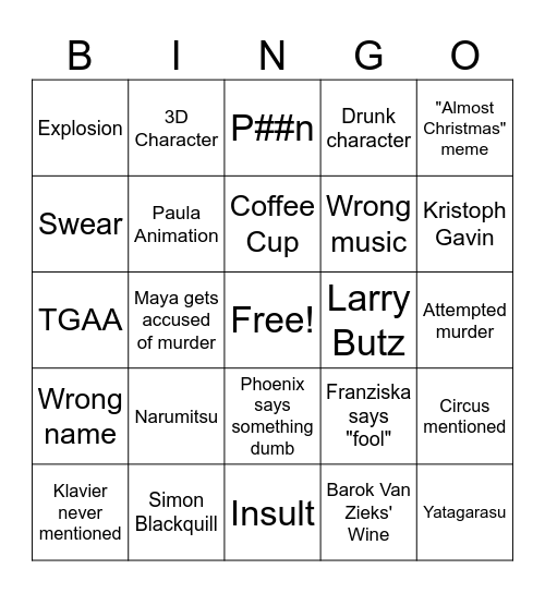 Ace Attorney Bingo! Bingo Card