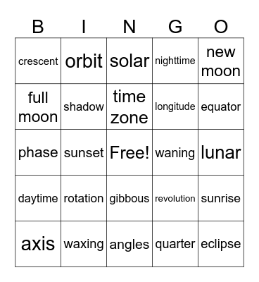 Math & Space Vocabulary Bingo Card