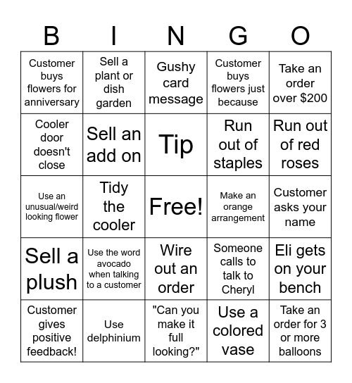 Florist Bingo Card