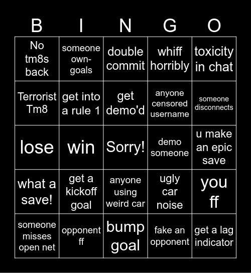 Rocket League Bingo Card