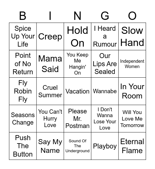Girl Group Hits Bingo Card