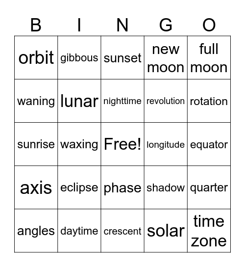 Math & Space Vocabulary Bingo Card