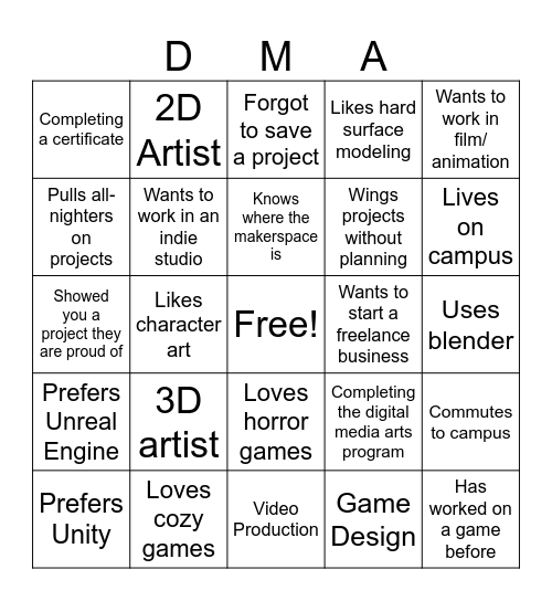 Digital Media Arts Club Bingo! Bingo Card
