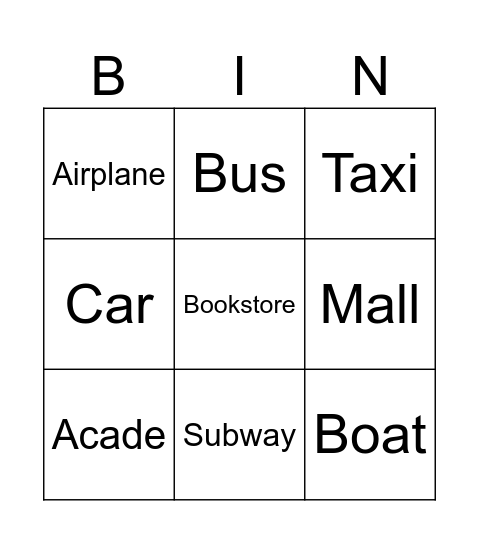 Transportation and Place in Town Bingo Card