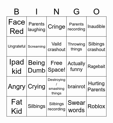 Kids crashing out bingo Card