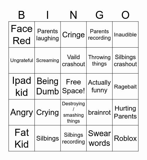 Kids crashing out bingo Card