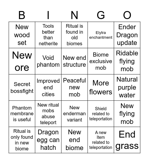 CoreCraft End Update Bingo Card