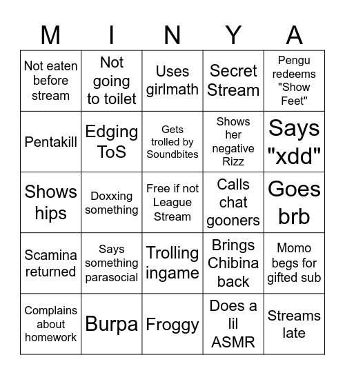 Mina Stream Bingo Card