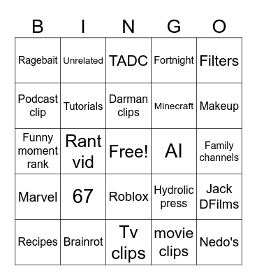 SHORT Bingo Card