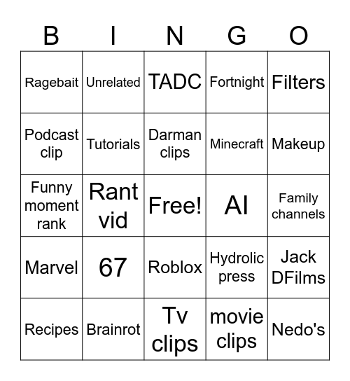 SHORT Bingo Card