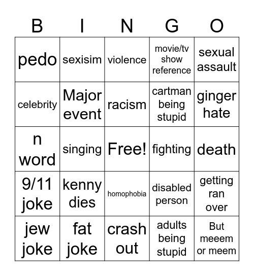 South Park Bingo Card