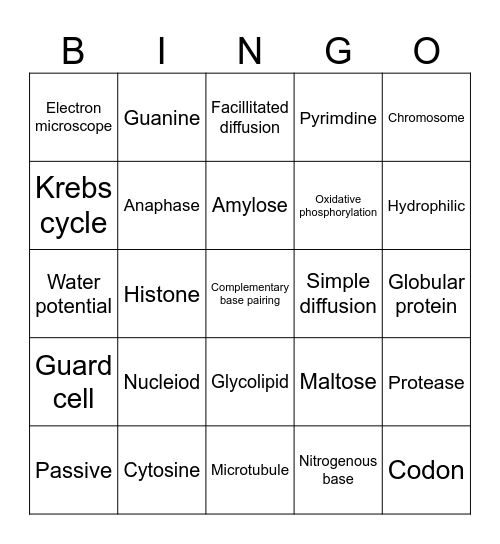 Biology EoS1 terms Bingo Card