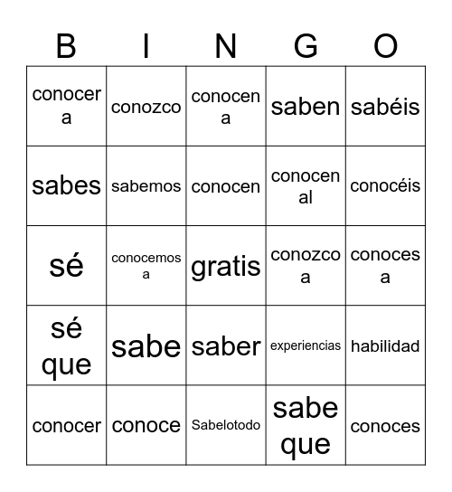 Saber vs. Conocer Bingo Card