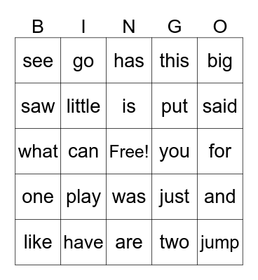 HFW (Sight words) Bingo Card