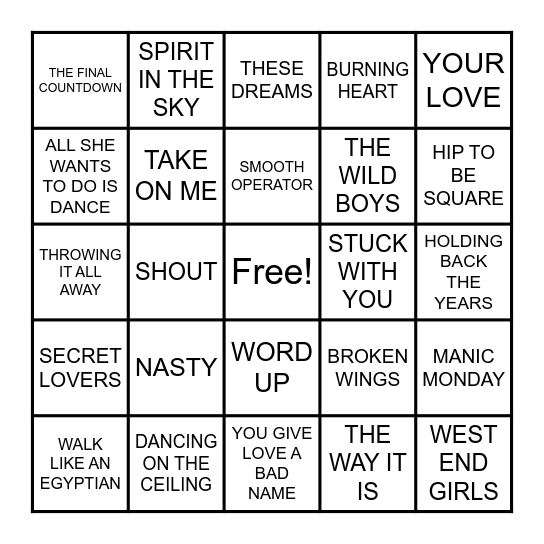 HITS FROM 1985 & 1986 Bingo Card