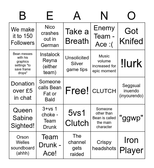 Valorant Drinking bingo - 100 Follower Special! Bingo Card