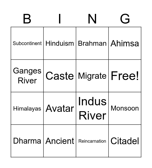 India Bingo Card