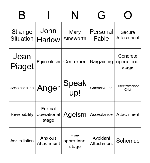 PSY 101 Lifespan Development Bingo Card