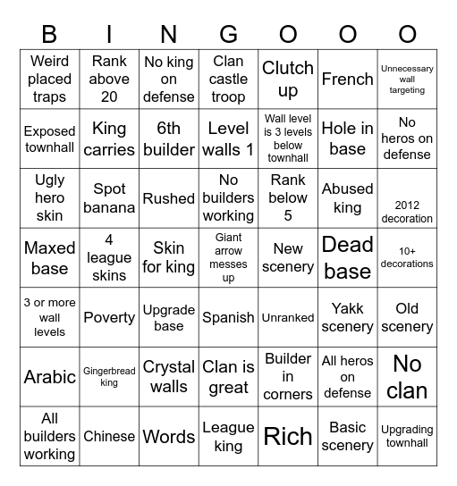 Clash of clans Bingo Card