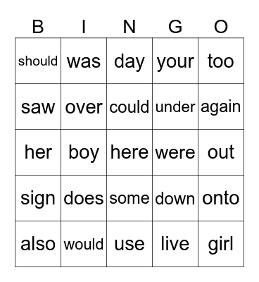 red words Bingo Card